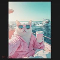 Cool Relaxed Cat on a Yacht Boat with Shark Funny Cat Meme Women's T-Shirt thumb 6