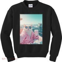 Cool Relaxed Cat on a Yacht Boat with Shark Funny Cat Meme Kids Sweatshirt thumb 0