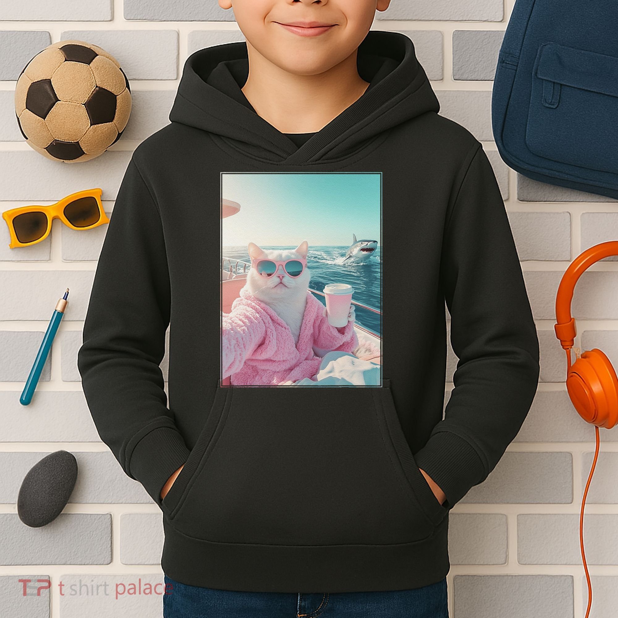 Cool Relaxed Cat on a Yacht Boat with Shark Funny Cat Meme Kids Hoodie