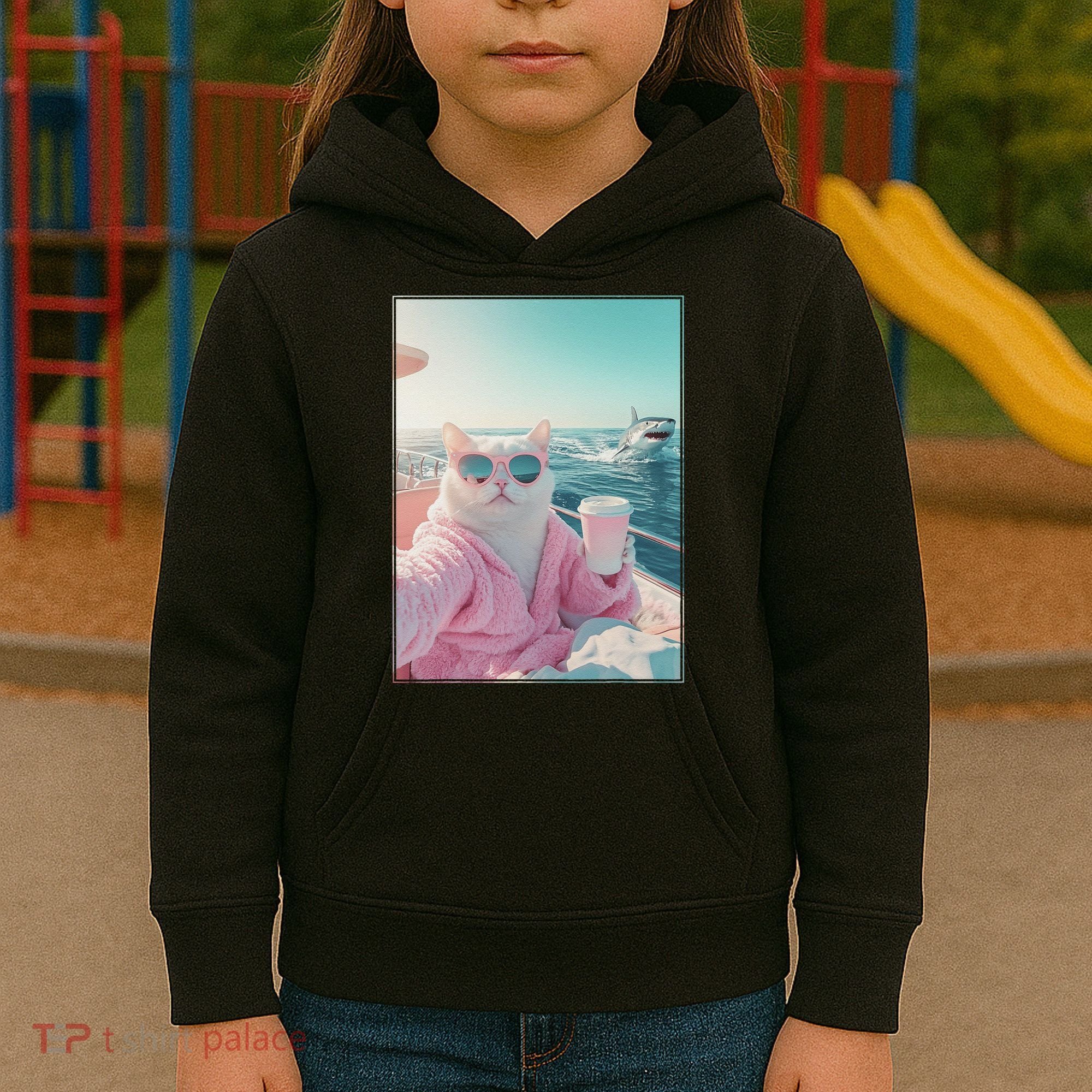 Cool Relaxed Cat on a Yacht Boat with Shark Funny Cat Meme Kids Hoodie