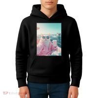 Cool Relaxed Cat on a Yacht Boat with Shark Funny Cat Meme Kids Hoodie thumb 4