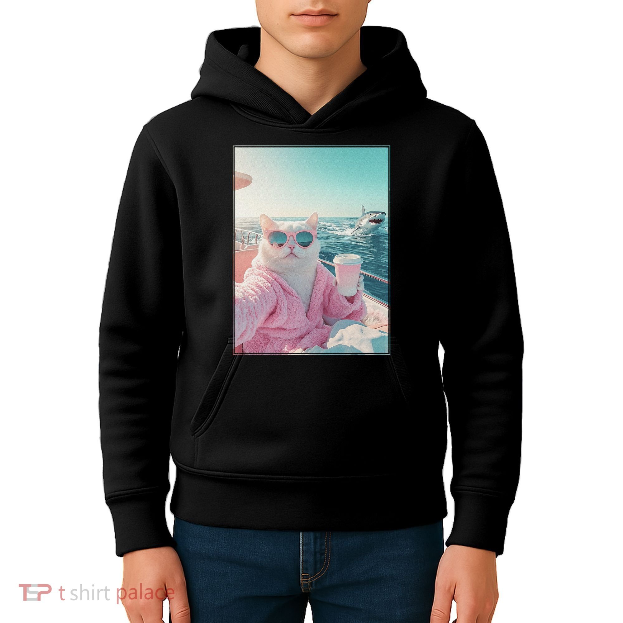 Cool Relaxed Cat on a Yacht Boat with Shark Funny Cat Meme Kids Hoodie