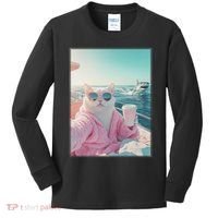 Cool Relaxed Cat on a Yacht Boat with Shark Funny Cat Meme Kids Long Sleeve Shirt thumb 0