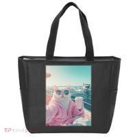 Cool Relaxed Cat on a Yacht Boat with Shark Funny Cat Meme Tote Bag thumb 0