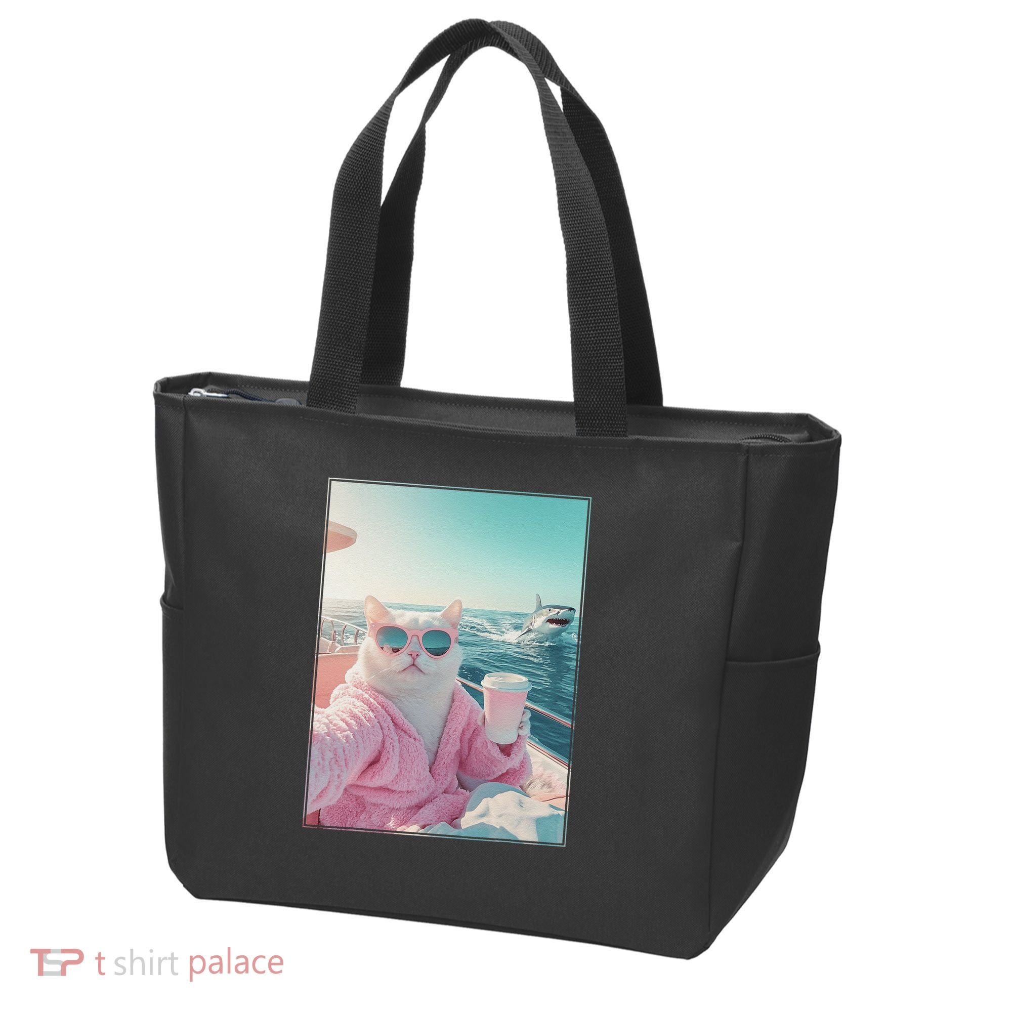 Cool Relaxed Cat on a Yacht Boat with Shark Funny Cat Meme Tote Bag