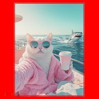 Cool Relaxed Cat on a Yacht Boat with Shark Funny Cat Meme Santa Hat thumb 1
