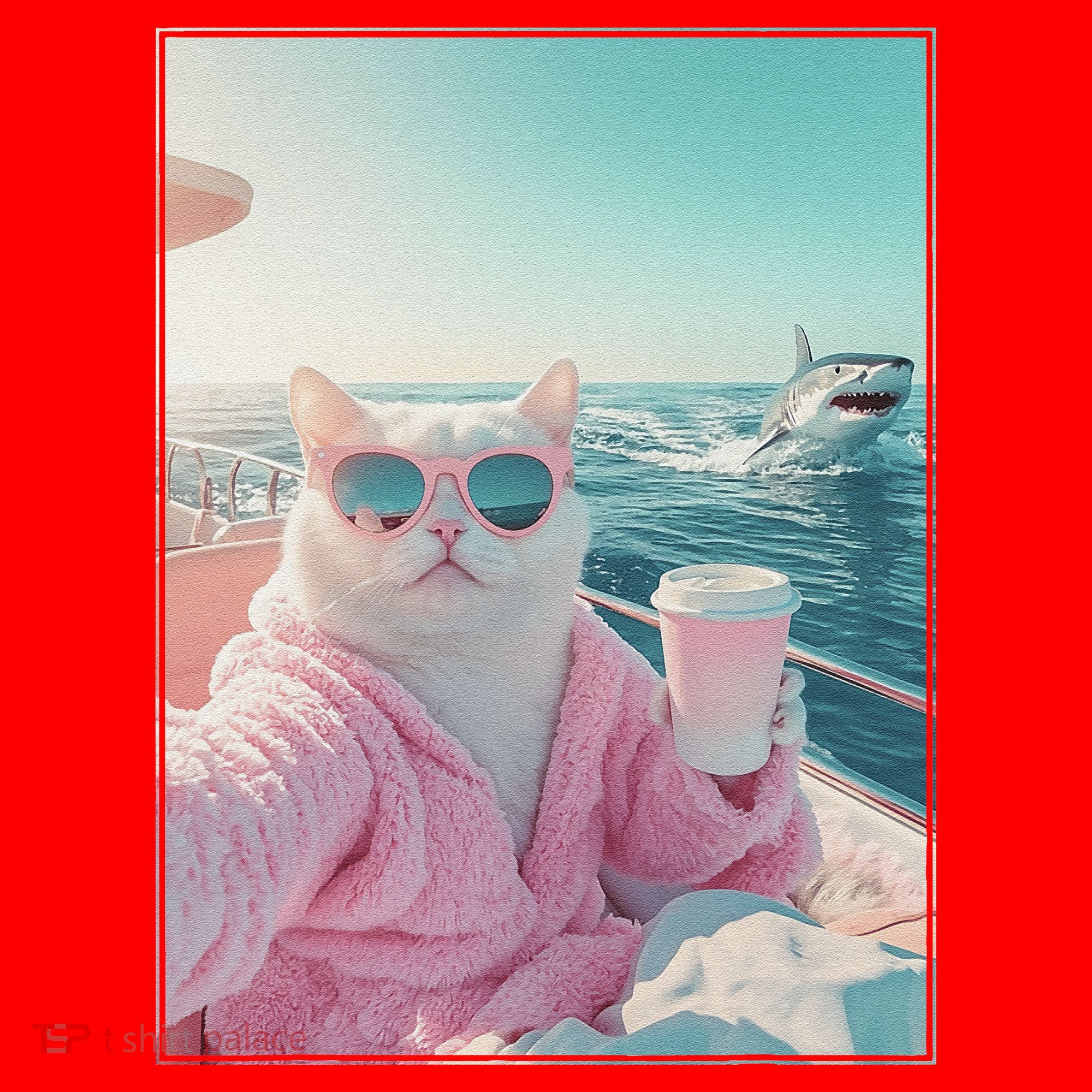 Cool Relaxed Cat on a Yacht Boat with Shark Funny Cat Meme Santa Hat