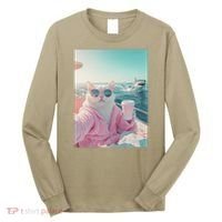 Cool Relaxed Cat on a Yacht Boat with Shark Funny Cat Meme Long Sleeve Shirt thumb 0