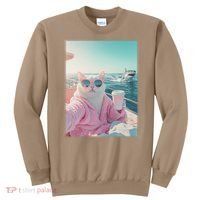 Cool Relaxed Cat on a Yacht Boat with Shark Funny Cat Meme Sweatshirt thumb 0