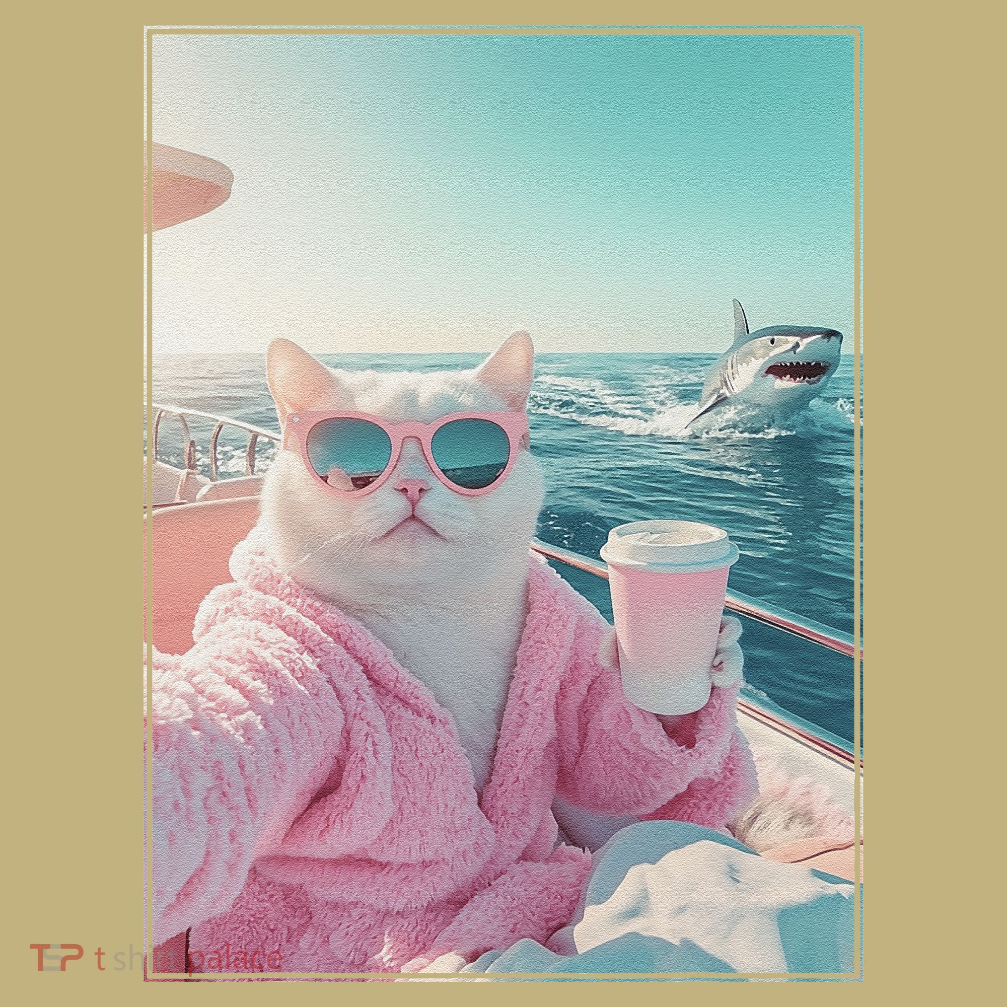 Cool Relaxed Cat on a Yacht Boat with Shark Funny Cat Meme Sweatshirt