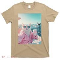 Cool Relaxed Cat on a Yacht Boat with Shark Funny Cat Meme T-Shirt thumb 0