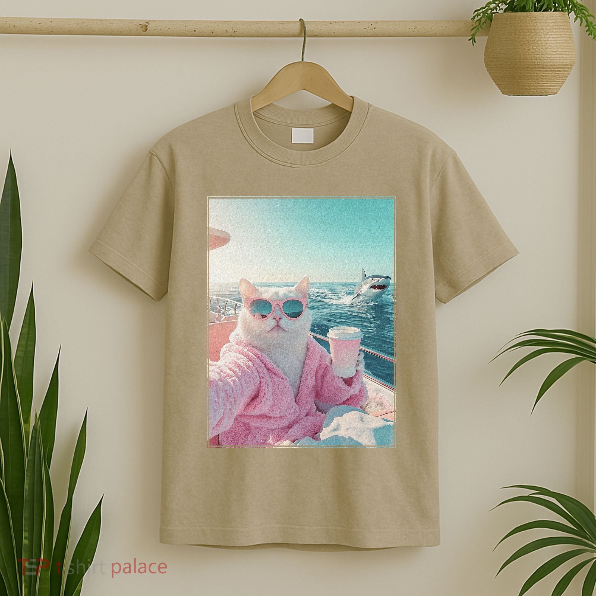 Cool Relaxed Cat on a Yacht Boat with Shark Funny Cat Meme T-Shirt
