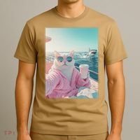Cool Relaxed Cat on a Yacht Boat with Shark Funny Cat Meme T-Shirt thumb 3