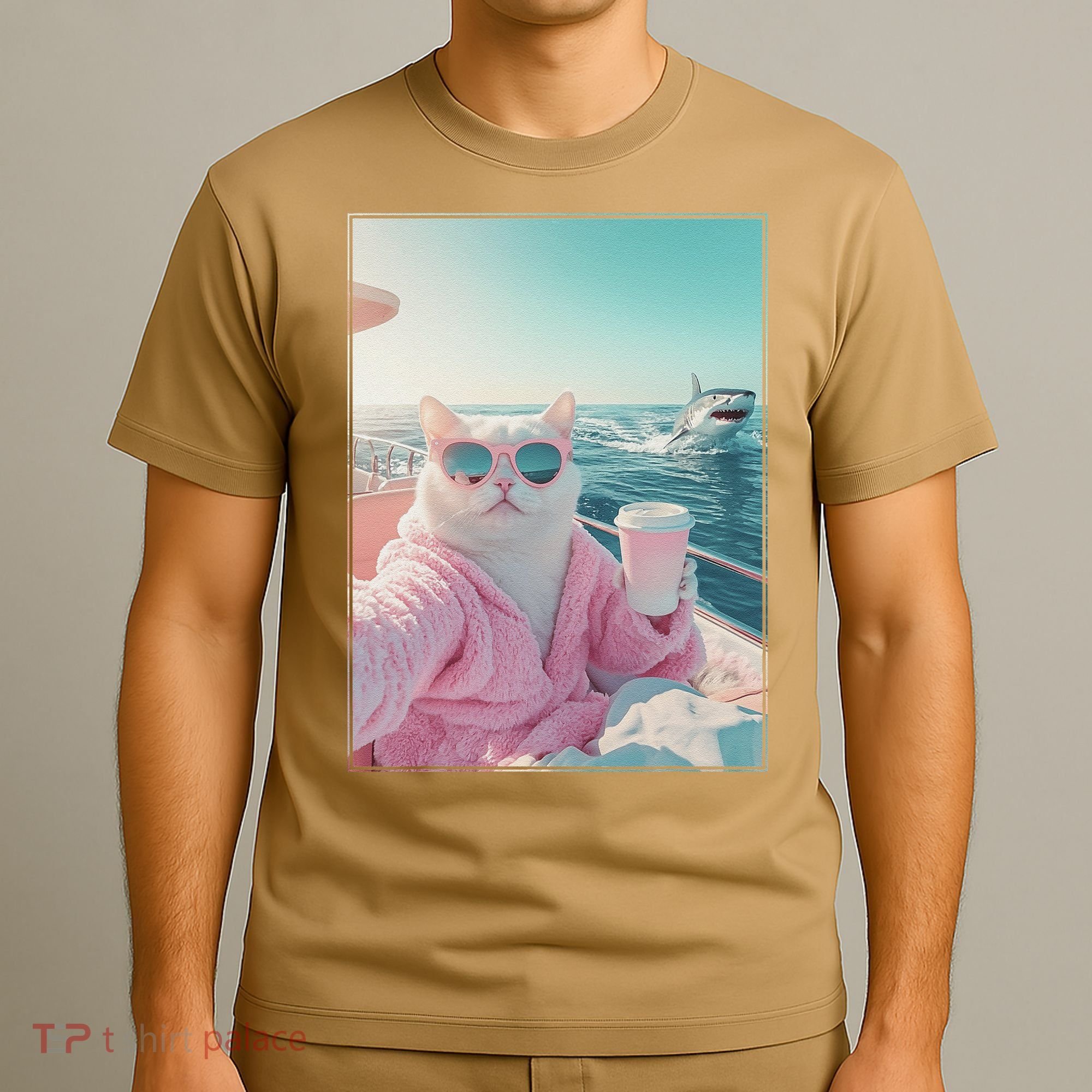 Cool Relaxed Cat on a Yacht Boat with Shark Funny Cat Meme T-Shirt