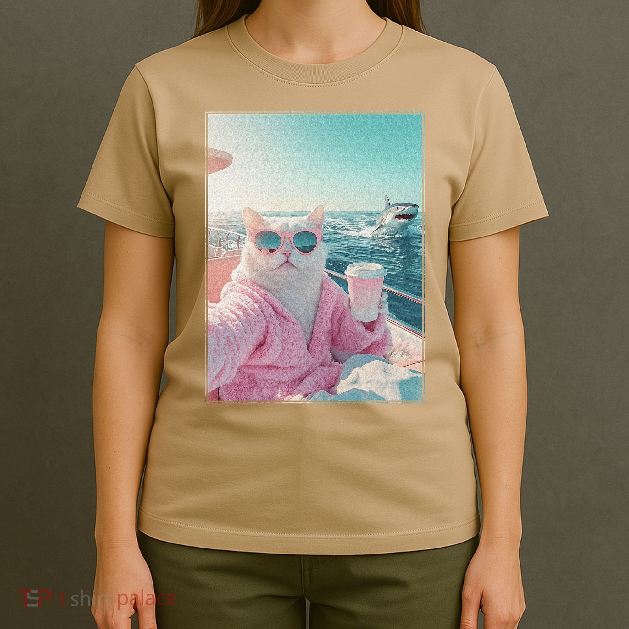 Cool Relaxed Cat on a Yacht Boat with Shark Funny Cat Meme T-Shirt