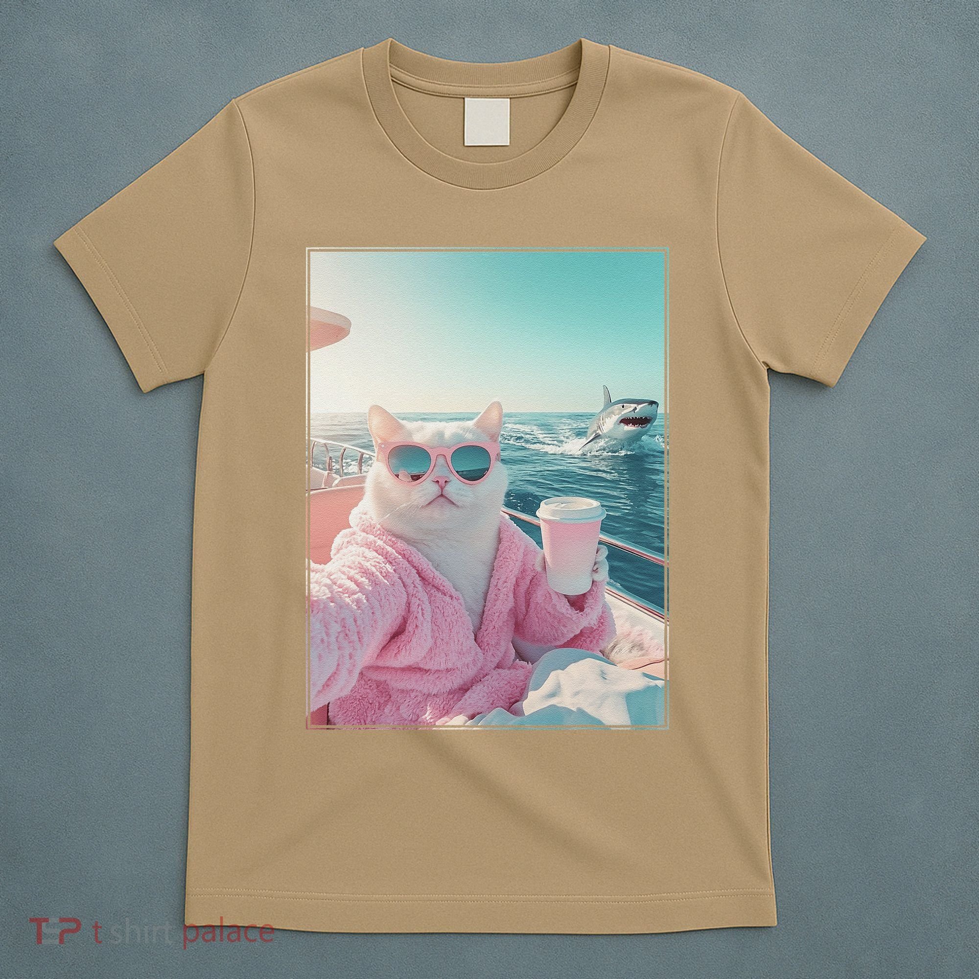 Cool Relaxed Cat on a Yacht Boat with Shark Funny Cat Meme T-Shirt