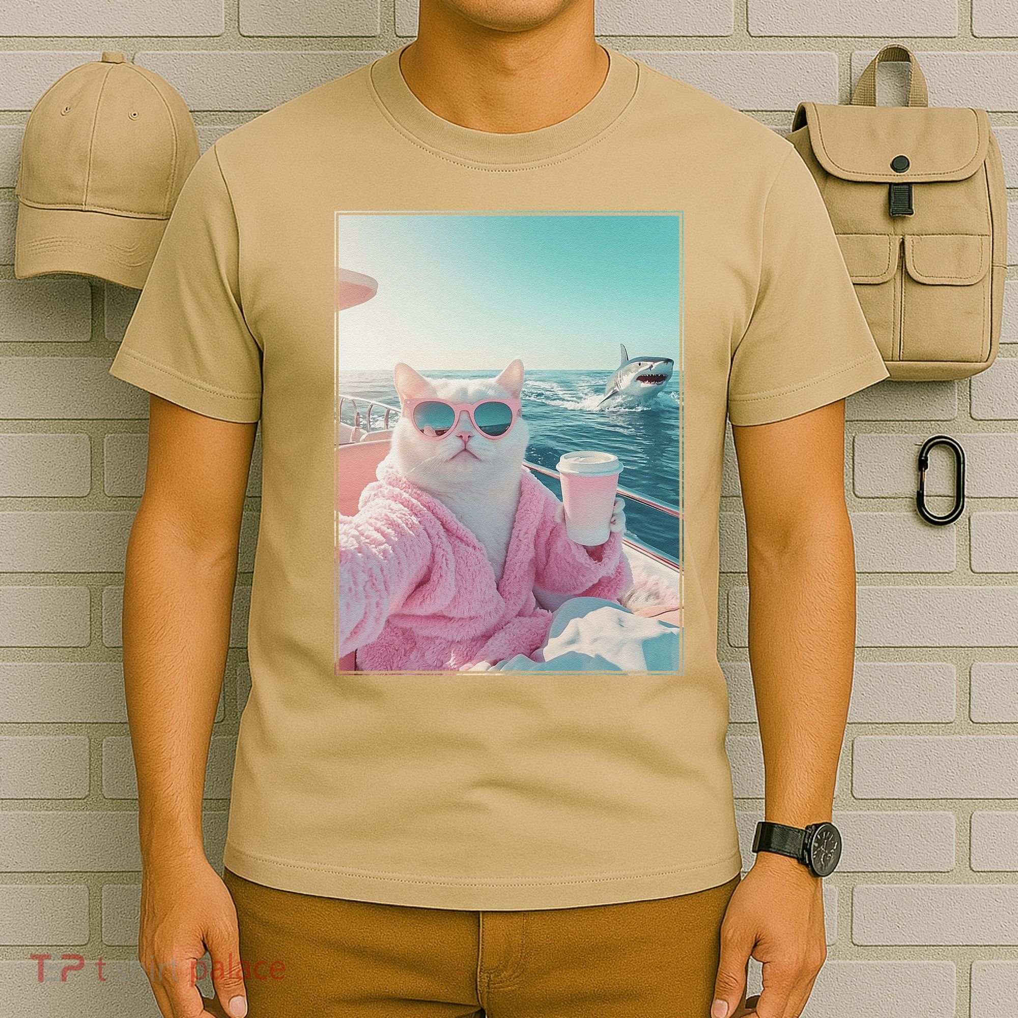 Cool Relaxed Cat on a Yacht Boat with Shark Funny Cat Meme T-Shirt