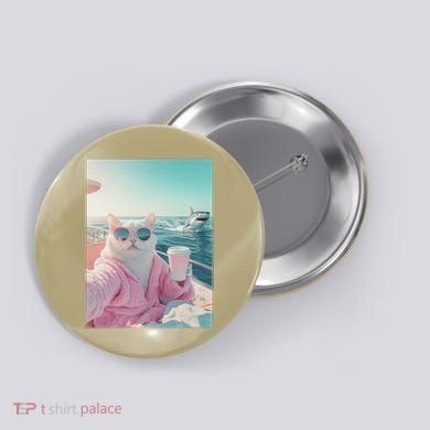 Cool Relaxed Cat on a Yacht Boat with Shark Funny Cat Meme Button