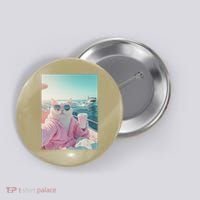 Cool Relaxed Cat on a Yacht Boat with Shark Funny Cat Meme Button thumb 0