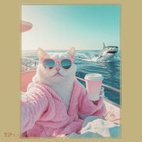 Cool Relaxed Cat on a Yacht Boat with Shark Funny Cat Meme Polo thumb 2