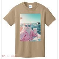 Cool Relaxed Cat on a Yacht Boat with Shark Funny Cat Meme Kids T-Shirt thumb 0