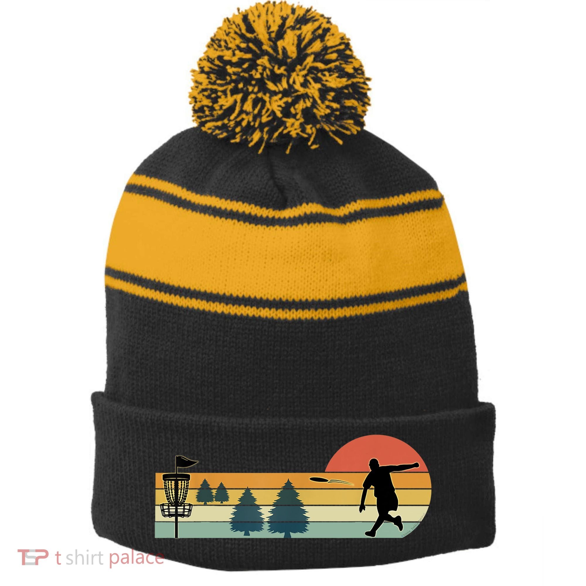 Cool Retro Disc Golf Sport TShirt Stripe Pom Pom Beanie