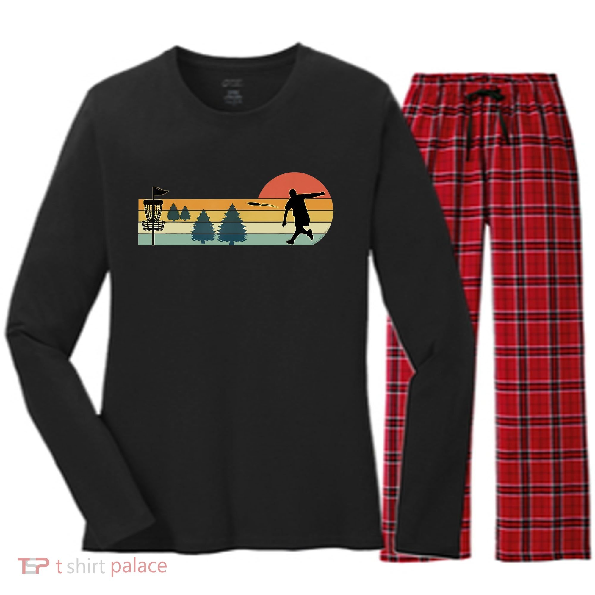 Cool Retro Disc Golf Sport TShirt Women's Long Sleeve Flannel Pajama Set 