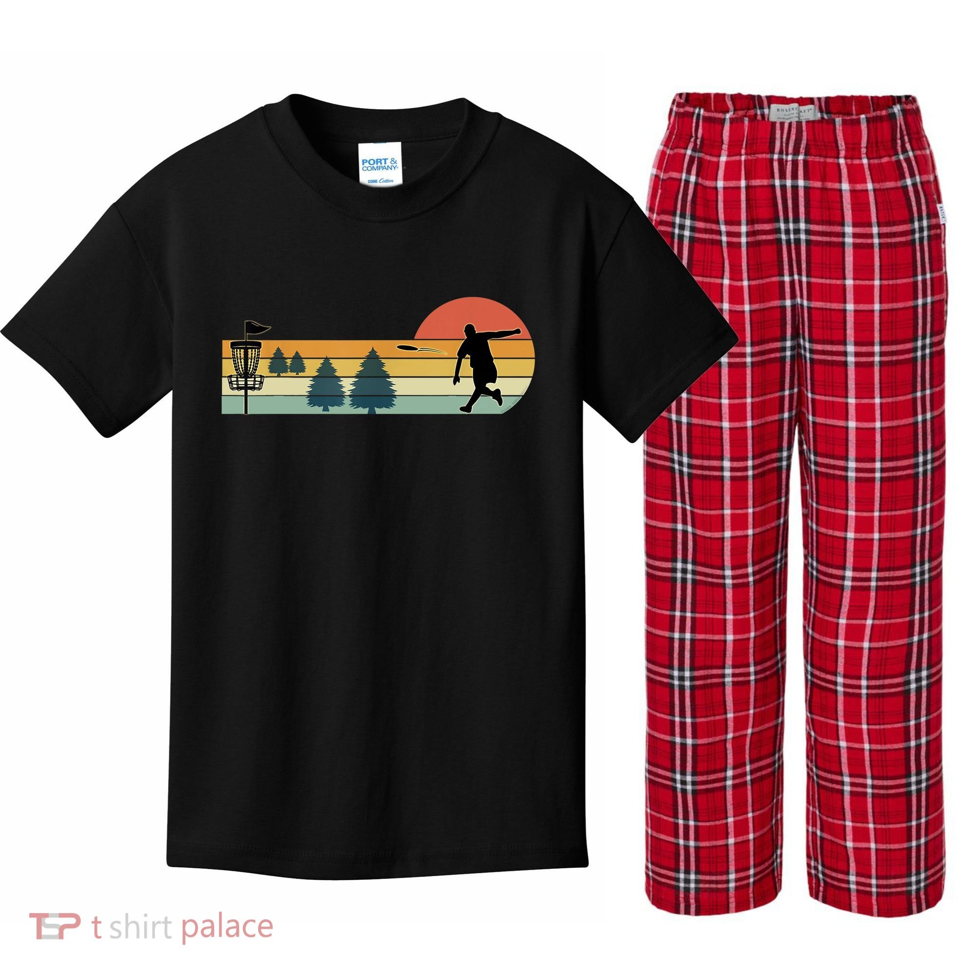Cool Retro Disc Golf Sport TShirt Kids Plaid Pajama Set