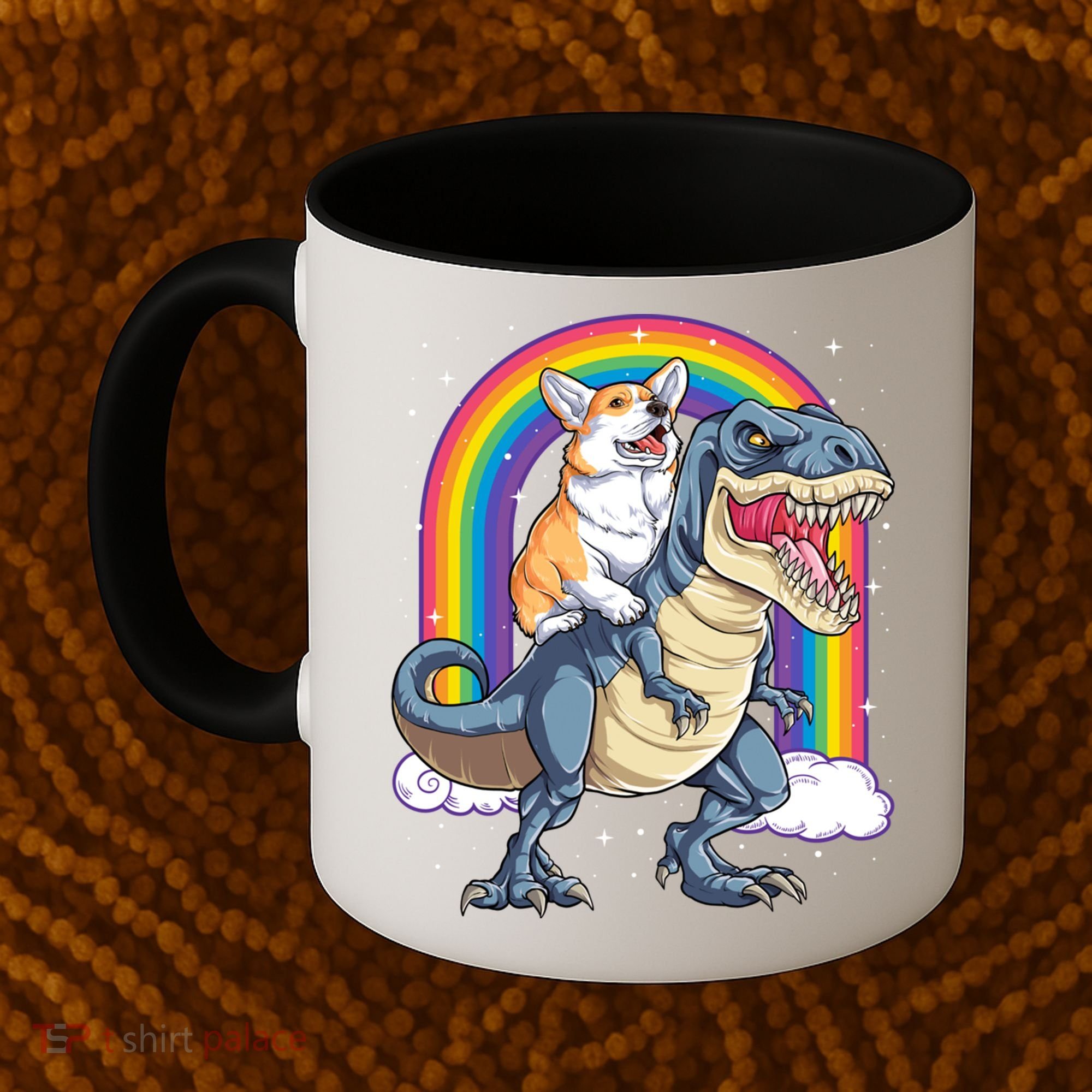 Corgi Riding Dinosaur T Rex Space Galaxy Rainbow Gift Coffee Mug