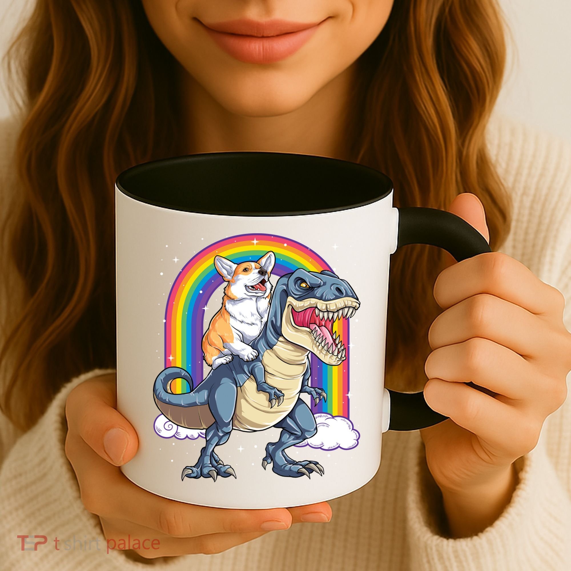 Corgi Riding Dinosaur T Rex Space Galaxy Rainbow Gift Coffee Mug