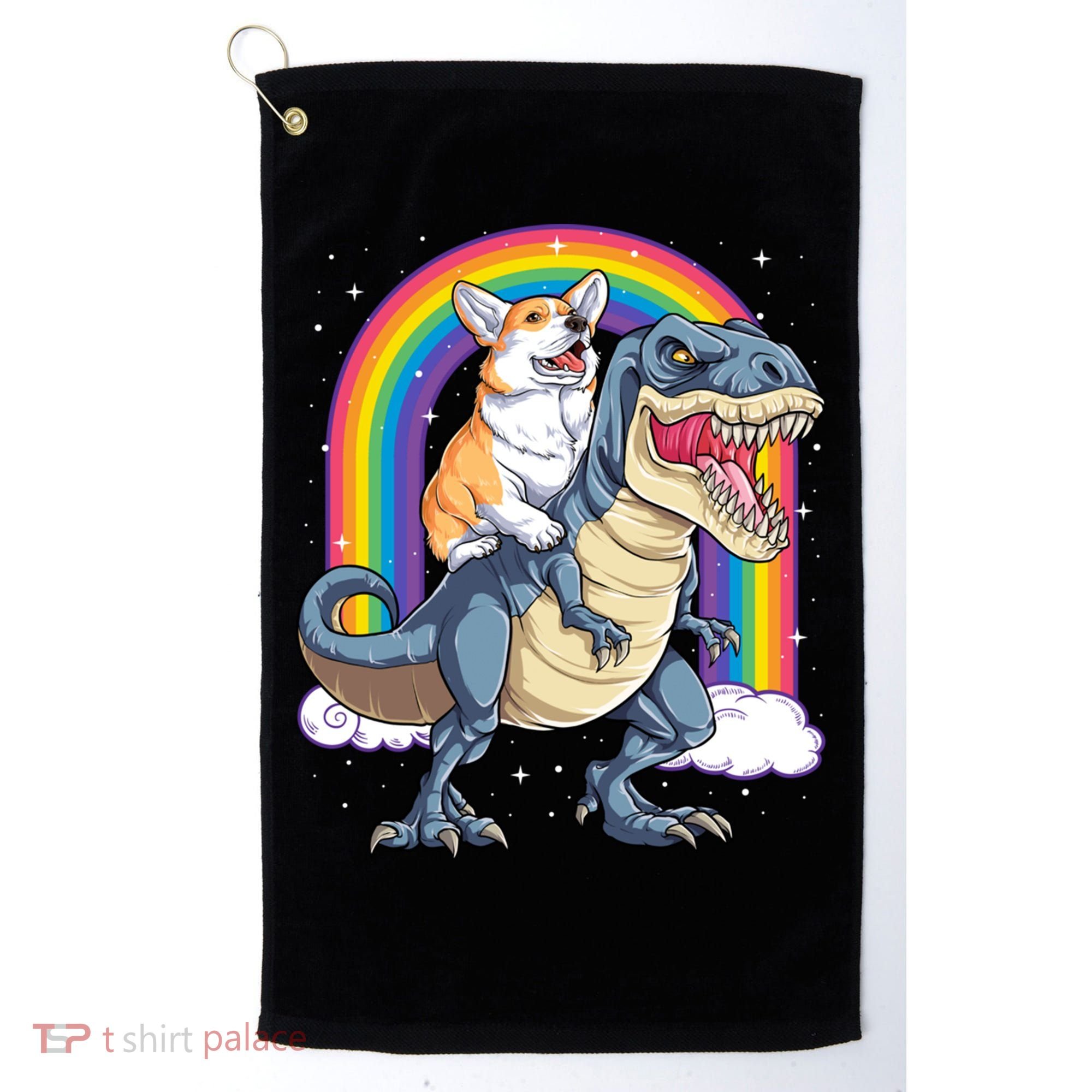 Corgi Riding Dinosaur T Rex Space Galaxy Rainbow Gift Golf Towel
