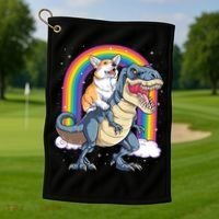 Corgi Riding Dinosaur T Rex Space Galaxy Rainbow Gift Golf Towel thumb 1