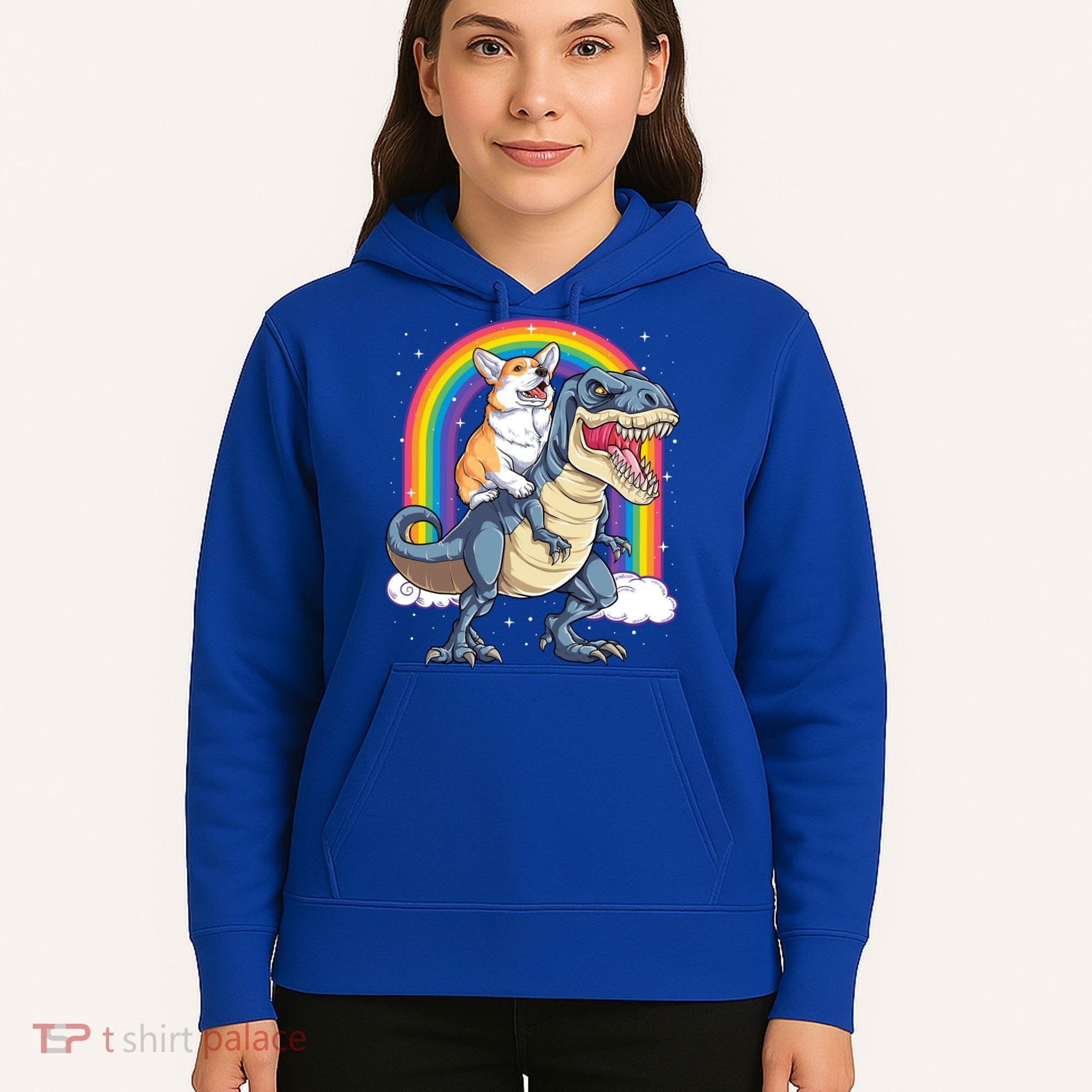 Corgi Riding Dinosaur T Rex Space Galaxy Rainbow Gift Hoodie