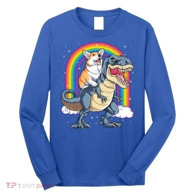 Corgi Riding Dinosaur T Rex Space Galaxy Rainbow Gift Long Sleeve Shirt