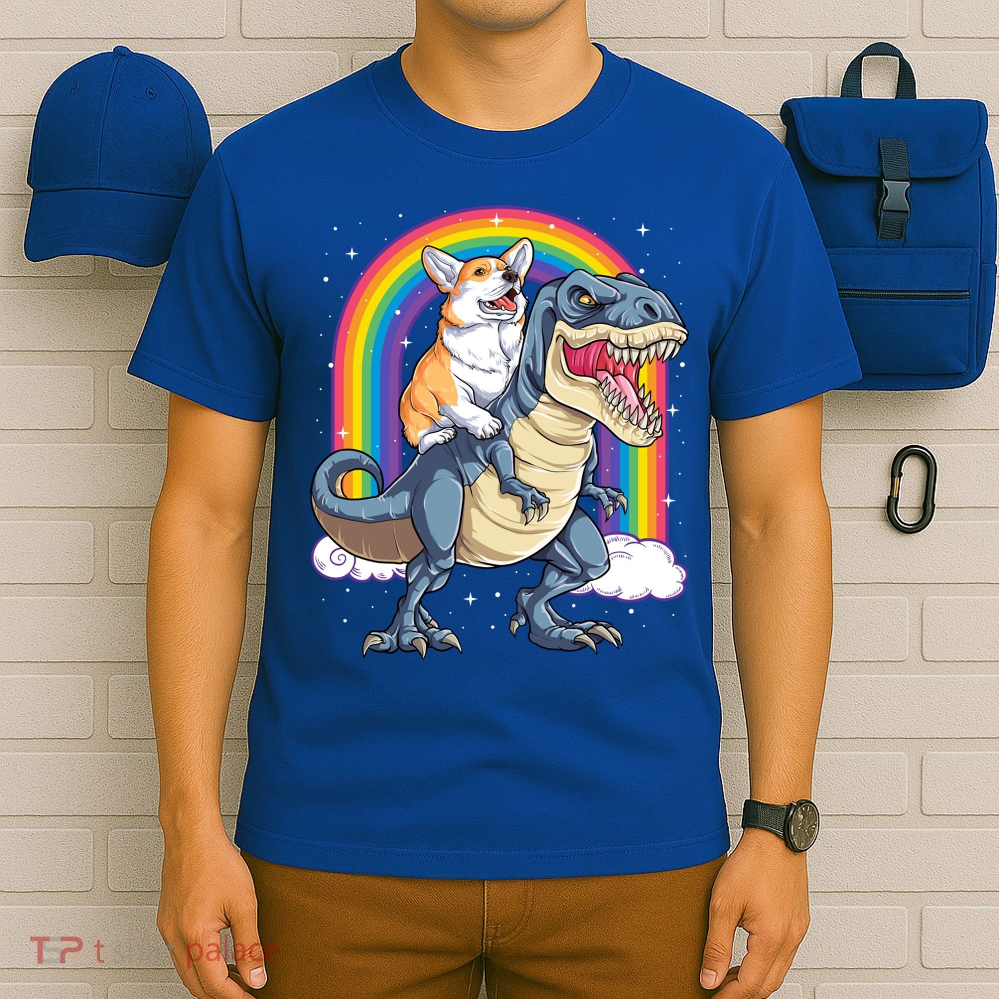Corgi Riding Dinosaur T Rex Space Galaxy Rainbow Gift T-Shirt
