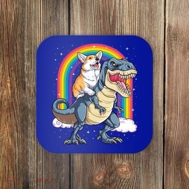 Corgi Riding Dinosaur T Rex Space Galaxy Rainbow Gift Coaster