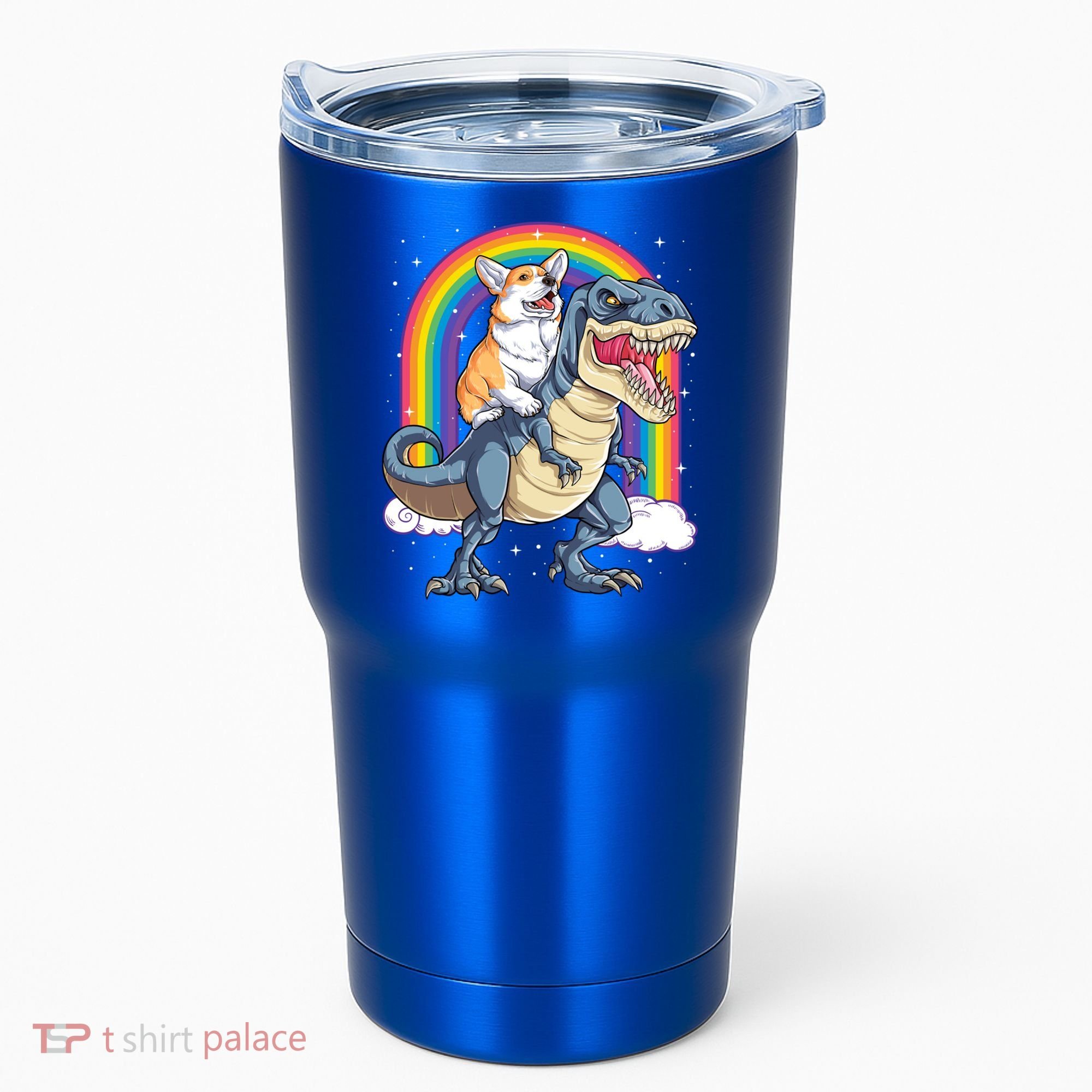 Corgi Riding Dinosaur T Rex Space Galaxy Rainbow Gift Tumbler