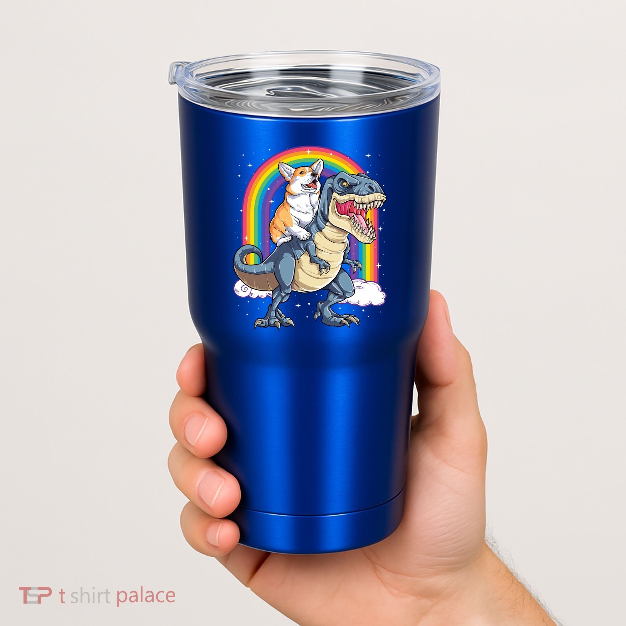 Corgi Riding Dinosaur T Rex Space Galaxy Rainbow Gift Tumbler