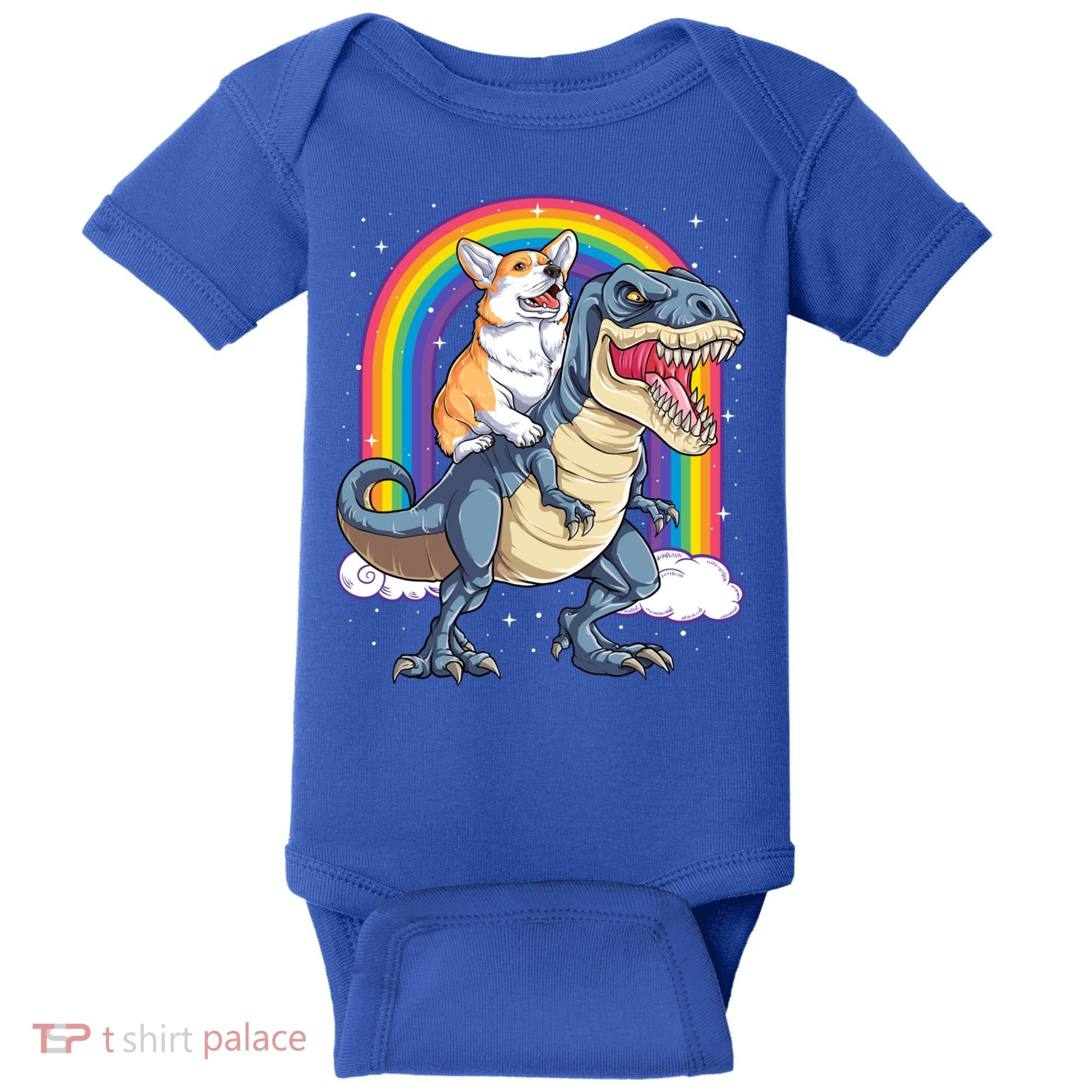 Corgi Riding Dinosaur T Rex Space Galaxy Rainbow Gift Baby Bodysuit