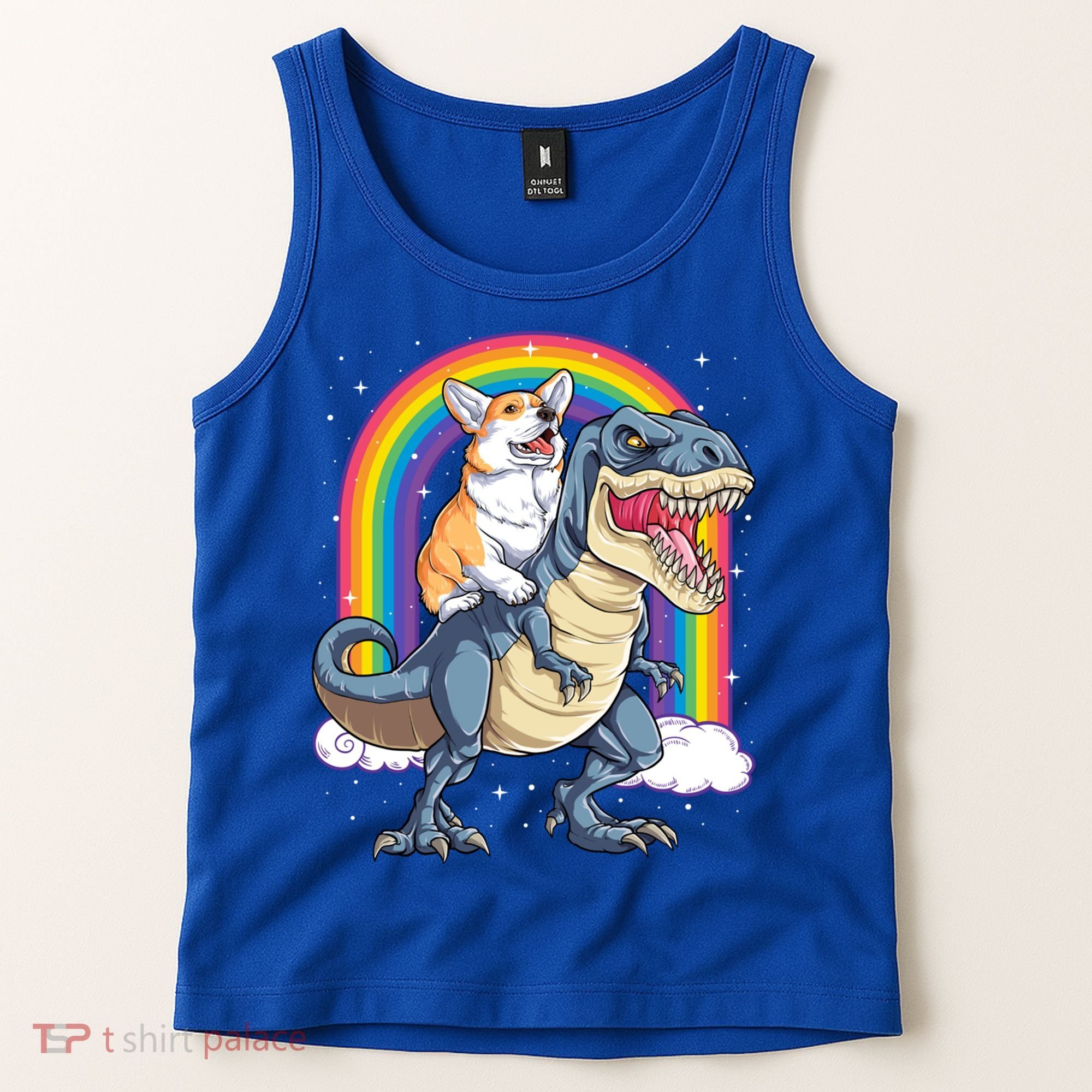 Corgi Riding Dinosaur T Rex Space Galaxy Rainbow Gift Tank Top