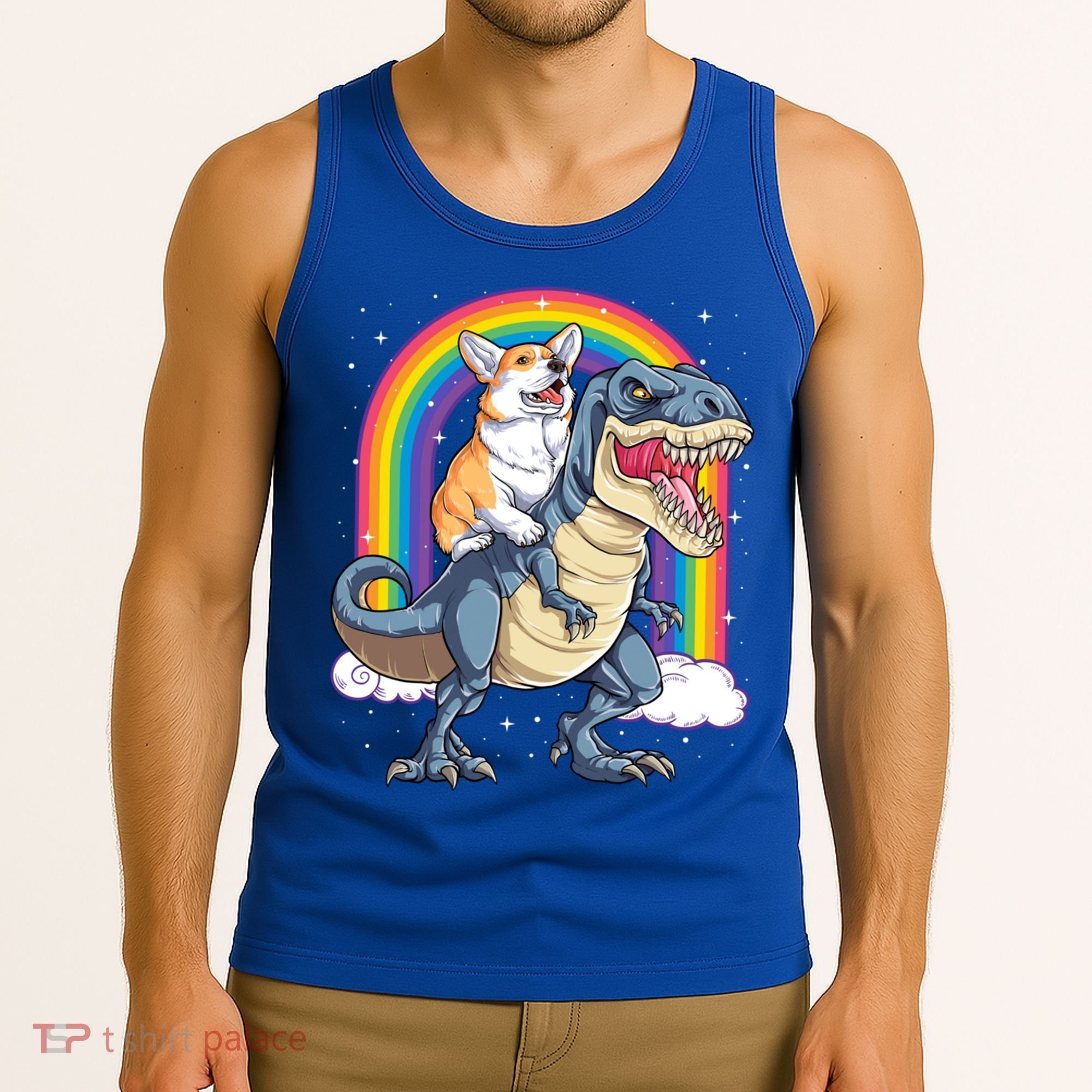 Corgi Riding Dinosaur T Rex Space Galaxy Rainbow Gift Tank Top
