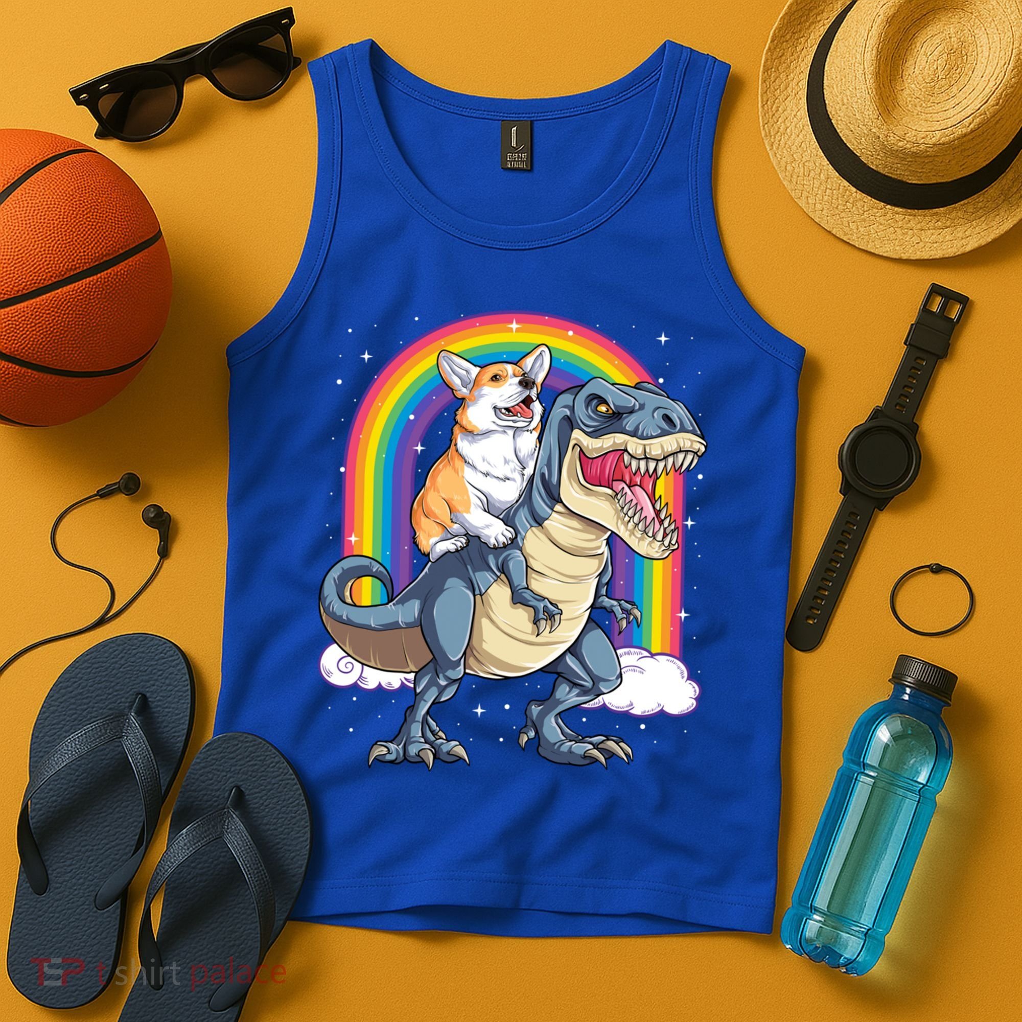 Corgi Riding Dinosaur T Rex Space Galaxy Rainbow Gift Tank Top