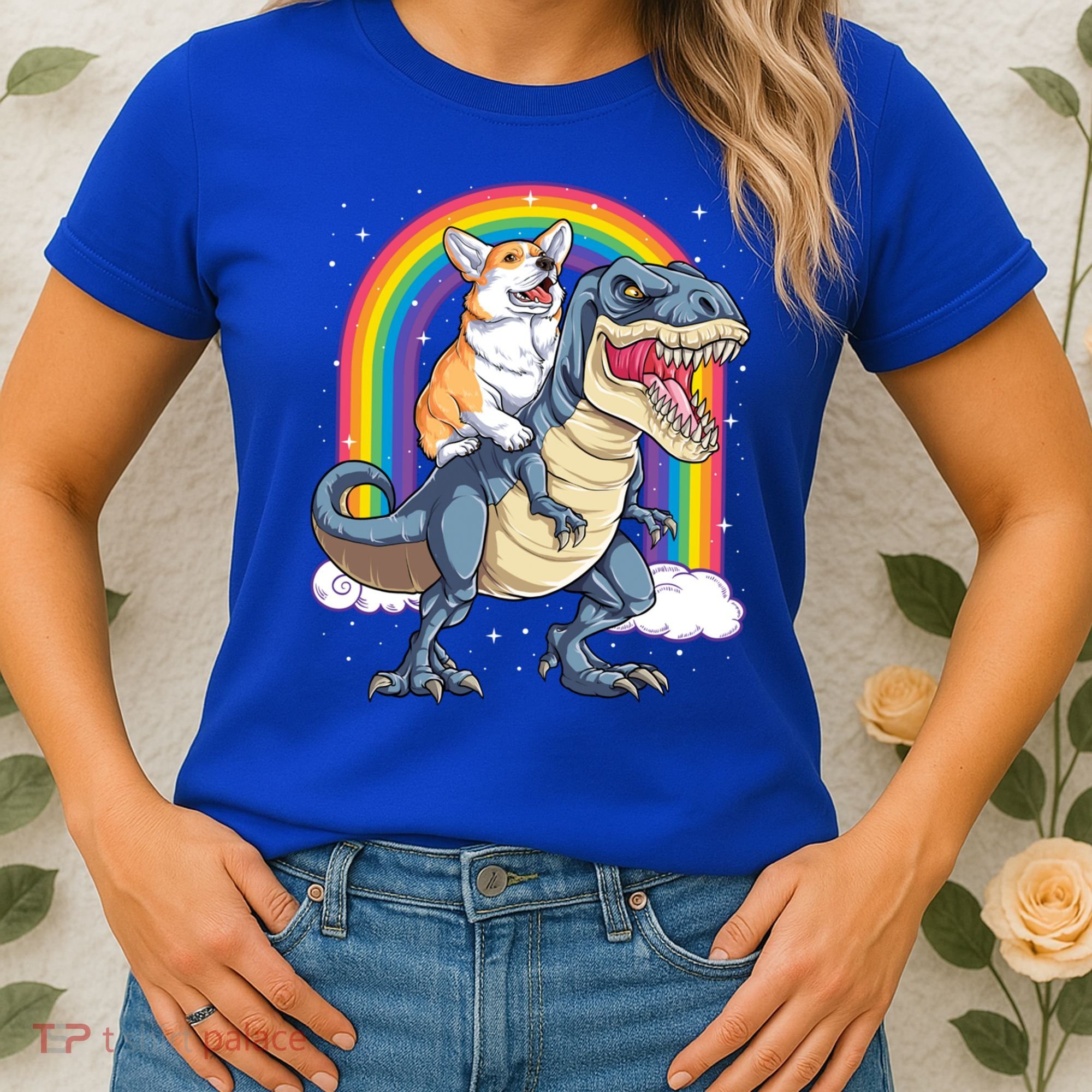 Corgi Riding Dinosaur T Rex Space Galaxy Rainbow Gift Women's T-Shirt