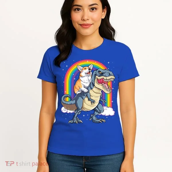 Corgi Riding Dinosaur T Rex Space Galaxy Rainbow Gift Women's T-Shirt