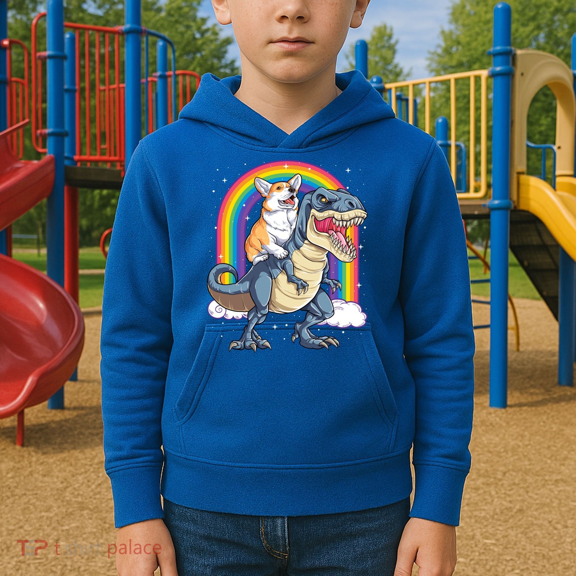 Corgi Riding Dinosaur T Rex Space Galaxy Rainbow Gift Kids Hoodie