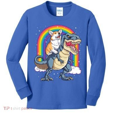 Corgi Riding Dinosaur T Rex Space Galaxy Rainbow Gift Kids Long Sleeve Shirt