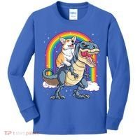 Corgi Riding Dinosaur T Rex Space Galaxy Rainbow Gift Kids Long Sleeve Shirt thumb 0