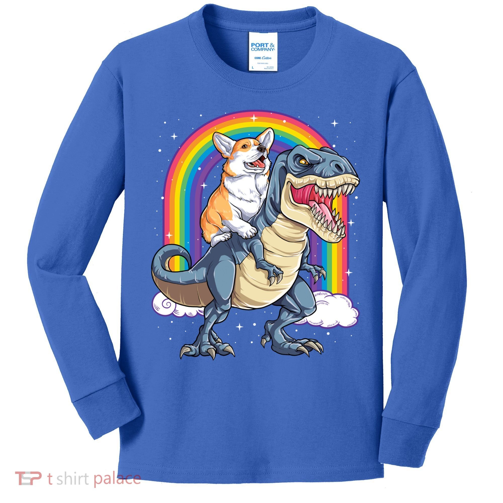 Corgi Riding Dinosaur T Rex Space Galaxy Rainbow Gift Kids Long Sleeve Shirt
