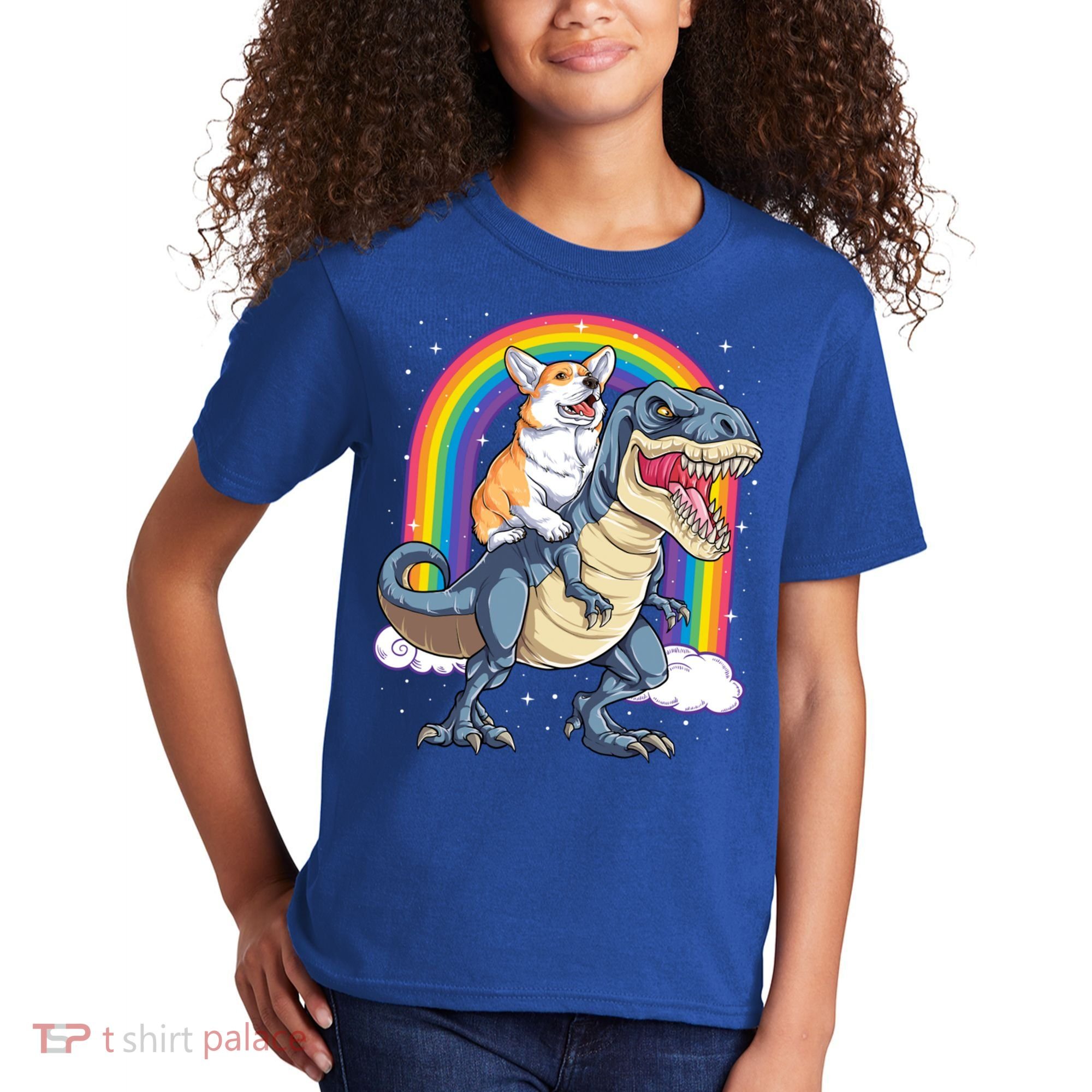 Corgi Riding Dinosaur T Rex Space Galaxy Rainbow Gift Kids T-Shirt