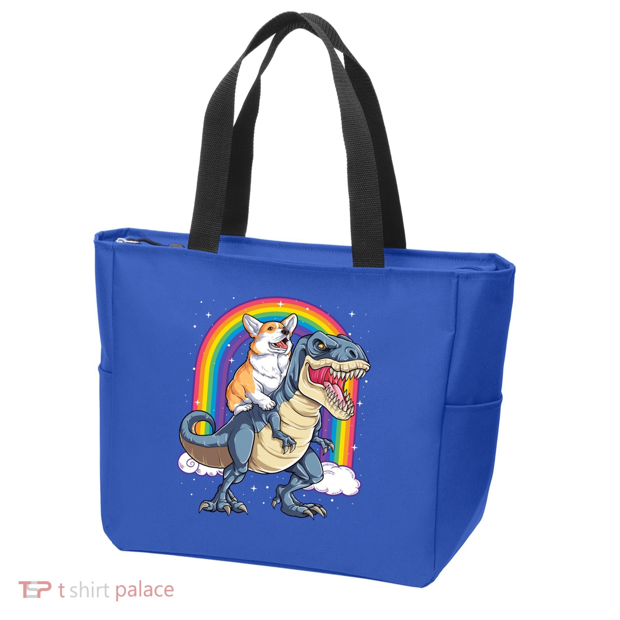 Corgi Riding Dinosaur T Rex Space Galaxy Rainbow Gift Tote Bag